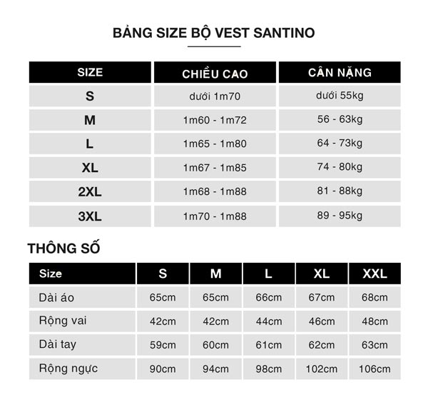 bảng size áo vest nam cao cấp