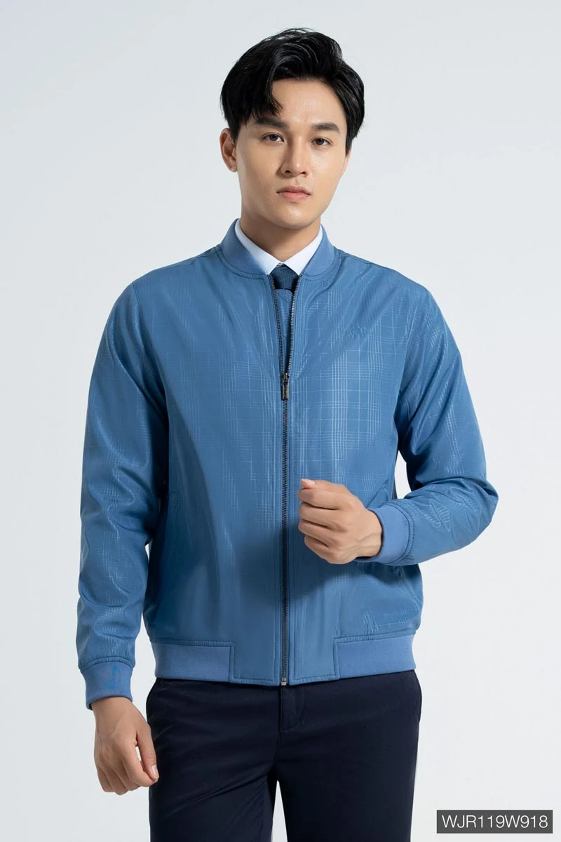 Áo khoác jacket nam cao cấp màu xanh họa tiết kẻ - W918