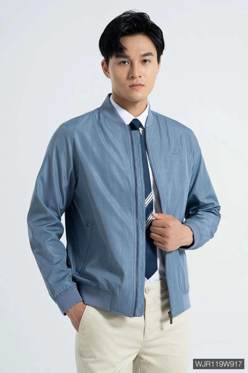 Áo khoác jacket nam cao cấp màu xanh nhạt họa tiết kẻ - W917