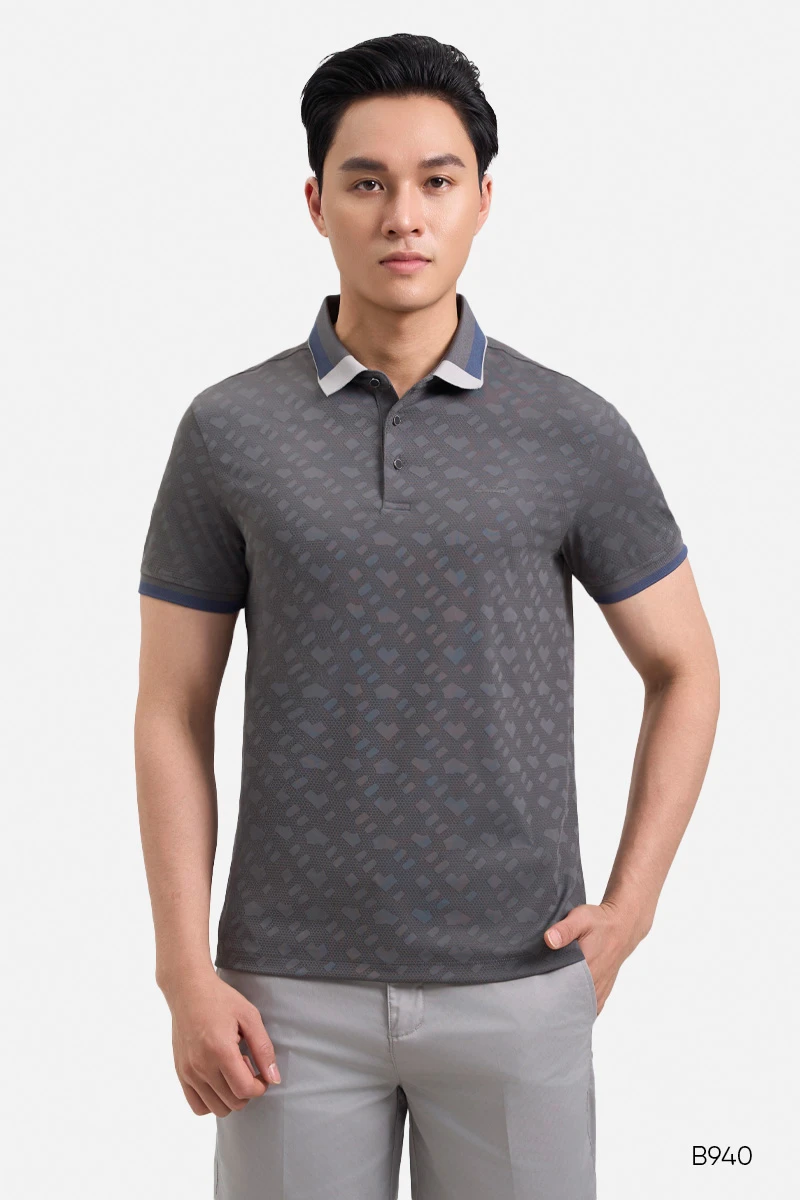 Áo polo nam họa tiết trẻ trung màu ghi đậm | B940