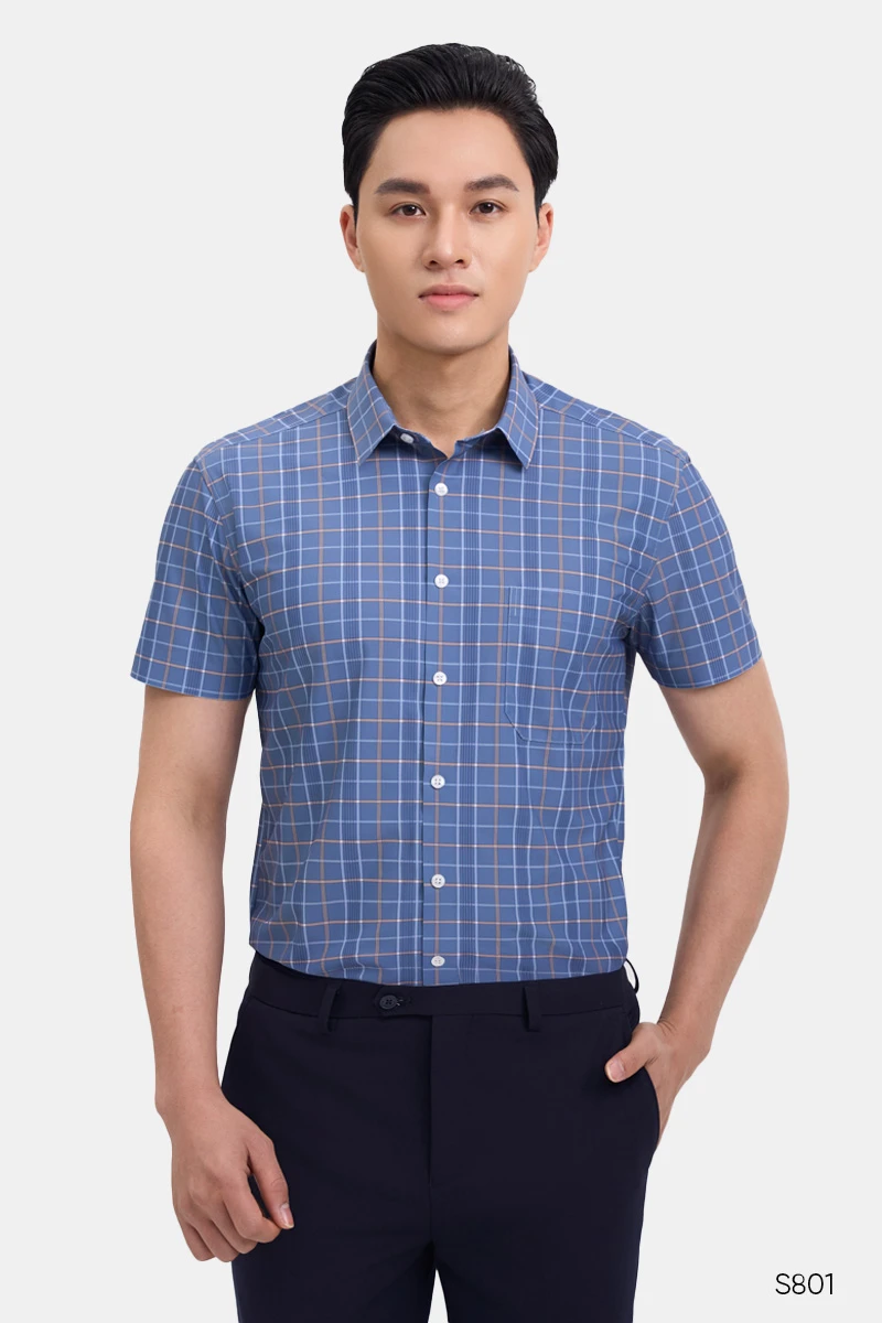 Áo sơ mi nam ngắn tay không đường may kẻ xanh | S801