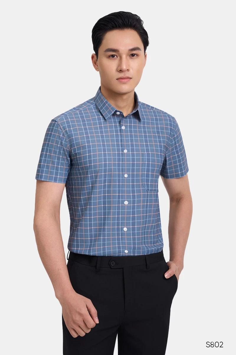 Áo sơ mi nam ngắn tay không đường may kẻ xanh | S802