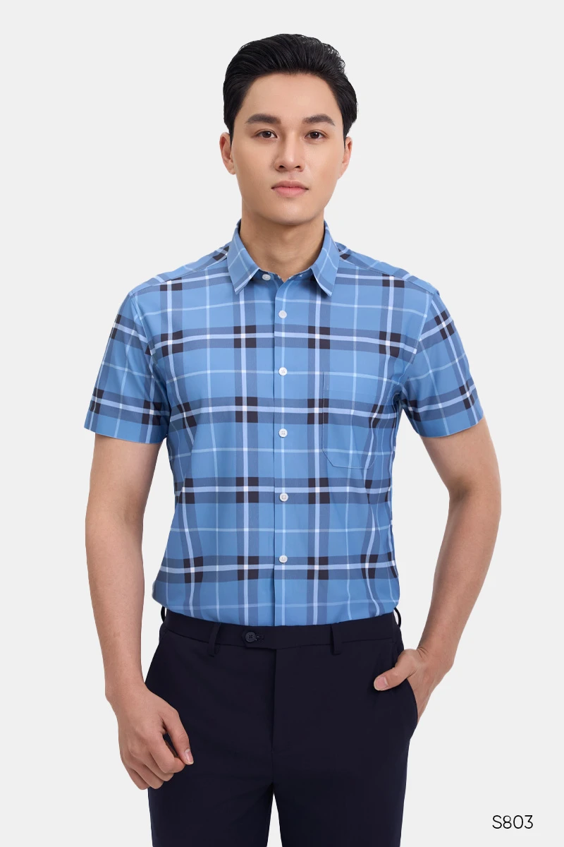 Áo sơ mi nam ngắn tay không đường may kẻ xanh | S803