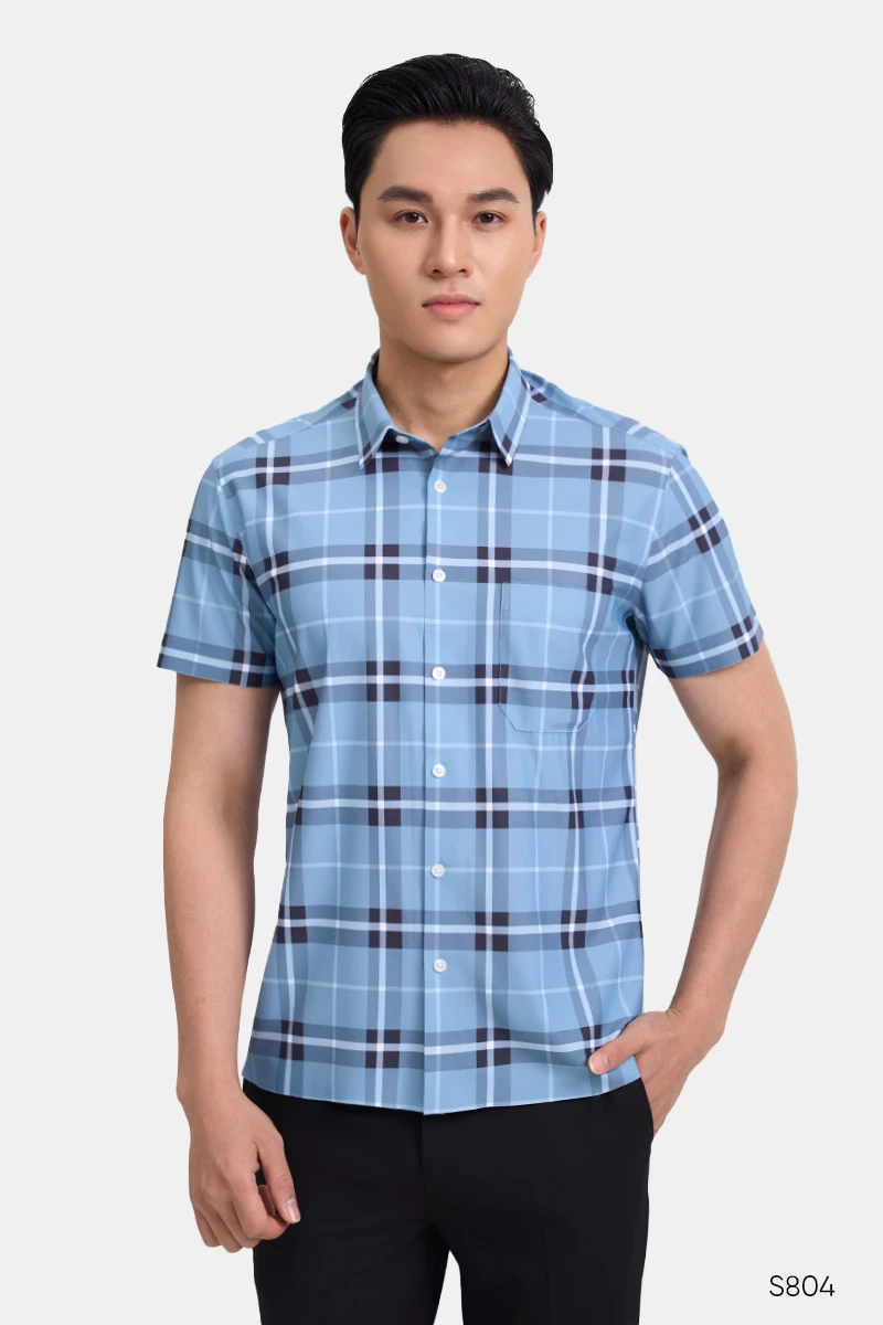 Áo sơ mi nam ngắn tay không đường may kẻ xanh | S804