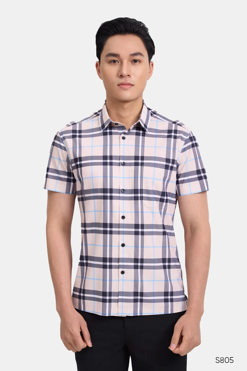 Áo sơ mi nam ngắn tay không đường may vàng kẻ | S805