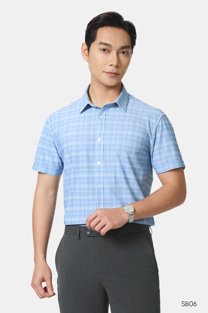 Áo sơ mi nam ngắn tay Santino kẻ xanh | S806