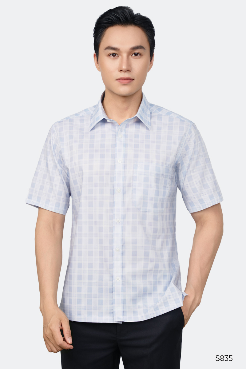 Áo sơ mi nam trung niên ngắn tay Santino kẻ xanh nhạt | S835