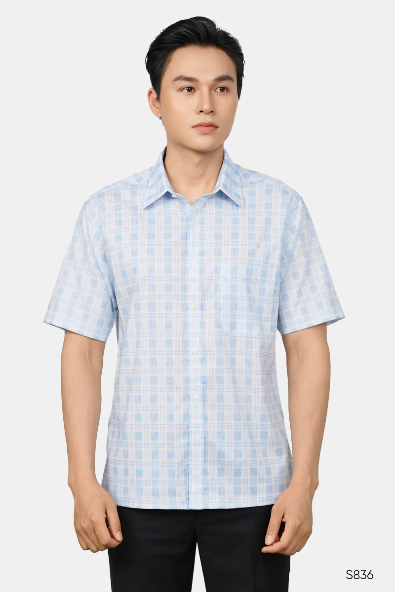 Áo sơ mi nam trung niên ngắn tay Santino kẻ xanh | S836