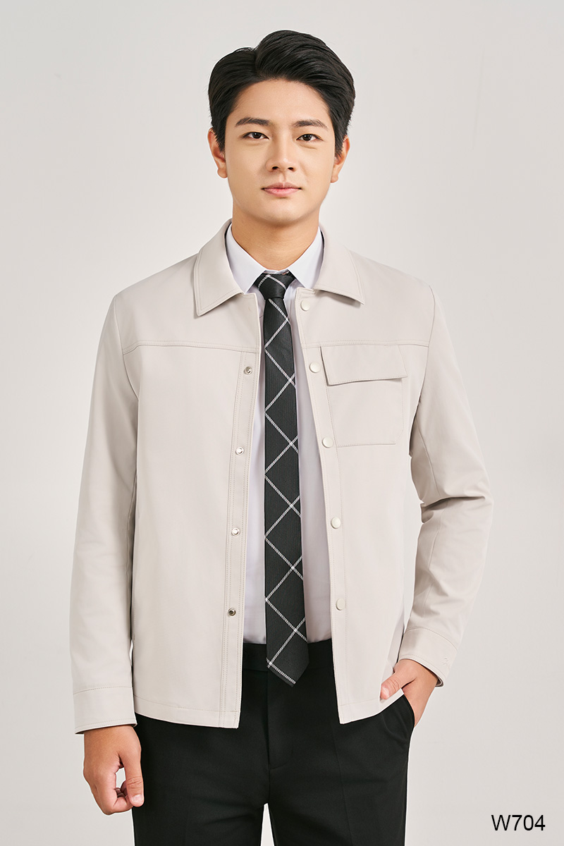 Áo jacket regular fit nam cúc bấm màu kem | W704