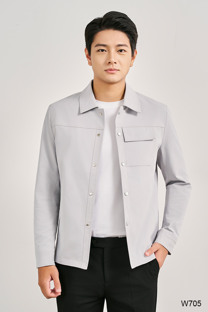 Áo jacket regular fit nam cúc bấm màu ghi | W705