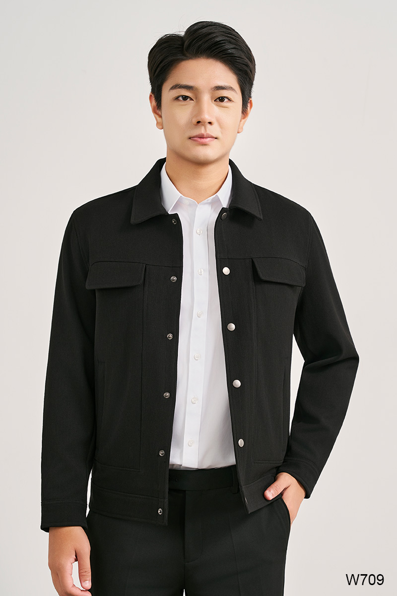 Áo jacket regular fit cúc bấm màu đen | W709