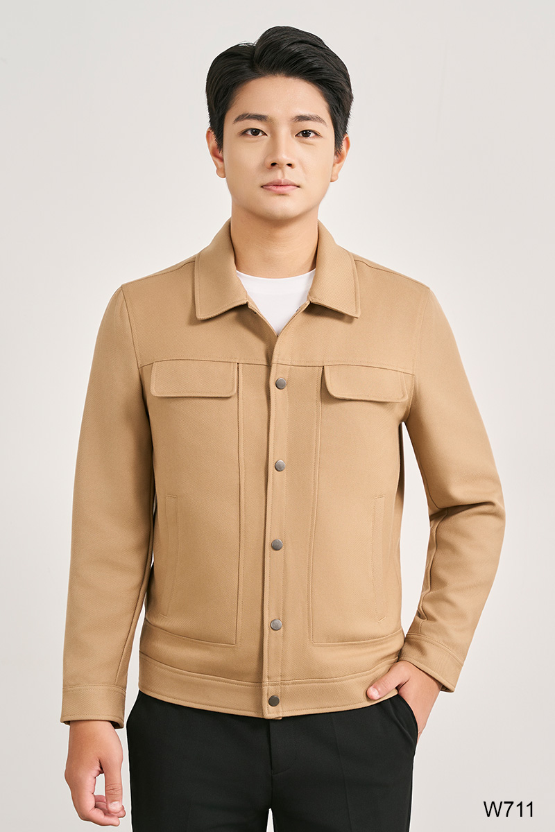 Áo jacket regular fit cúc bấm màu nâu | W711