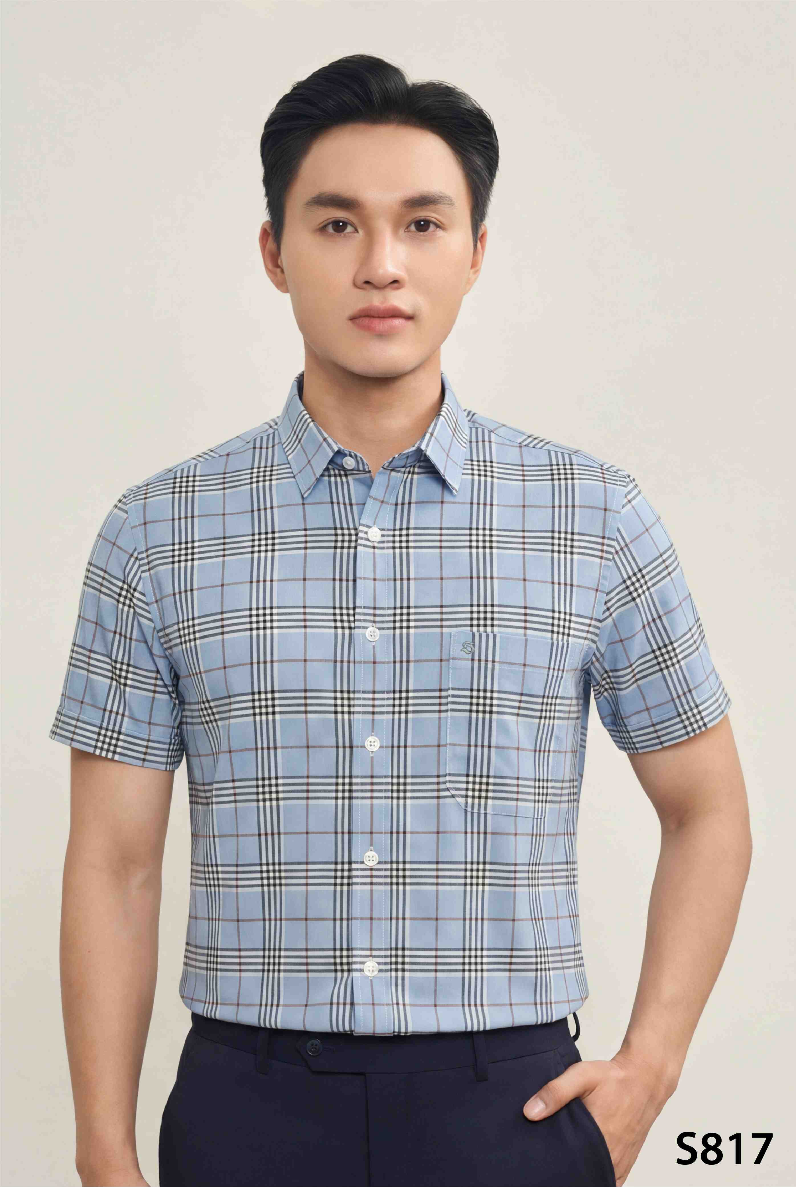 Áo sơ mi nam hoạ tiết kẻ cao cấp Santino màu kẻ xanh | S817