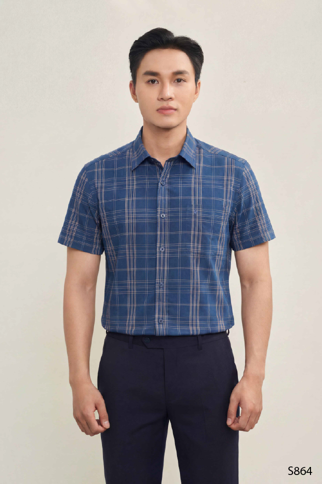 Áo sơ mi nam ngắn tay cao cấp kẻ xanh vàng | S864
