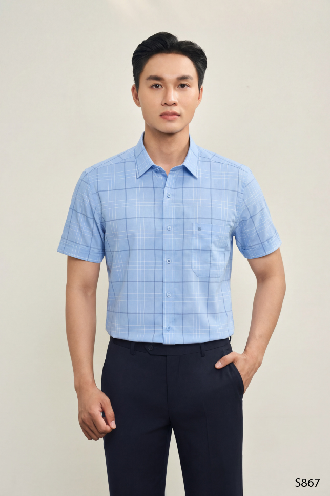 Áo sơ mi nam ngắn tay cao cấp kẻ xanh nhạt | S867