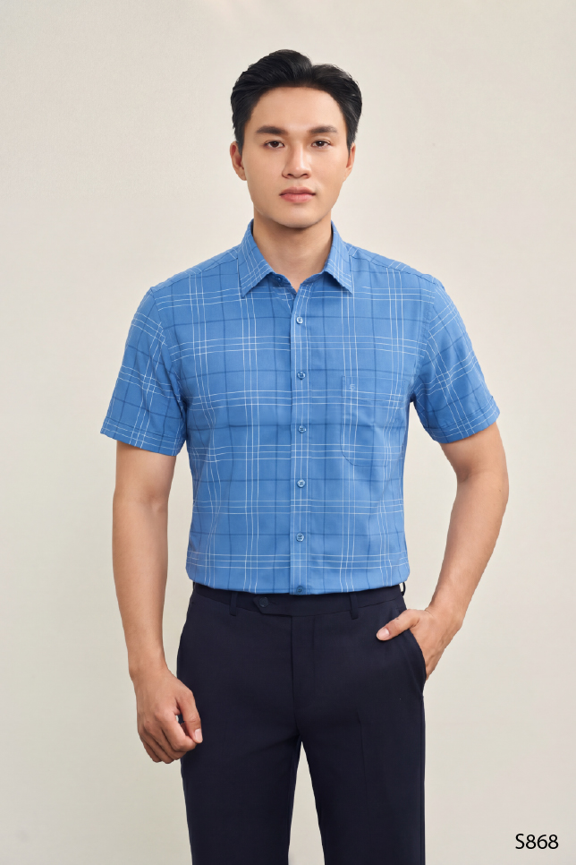 Áo sơ mi nam ngắn tay cao cấp kẻ xanh trắng | S868