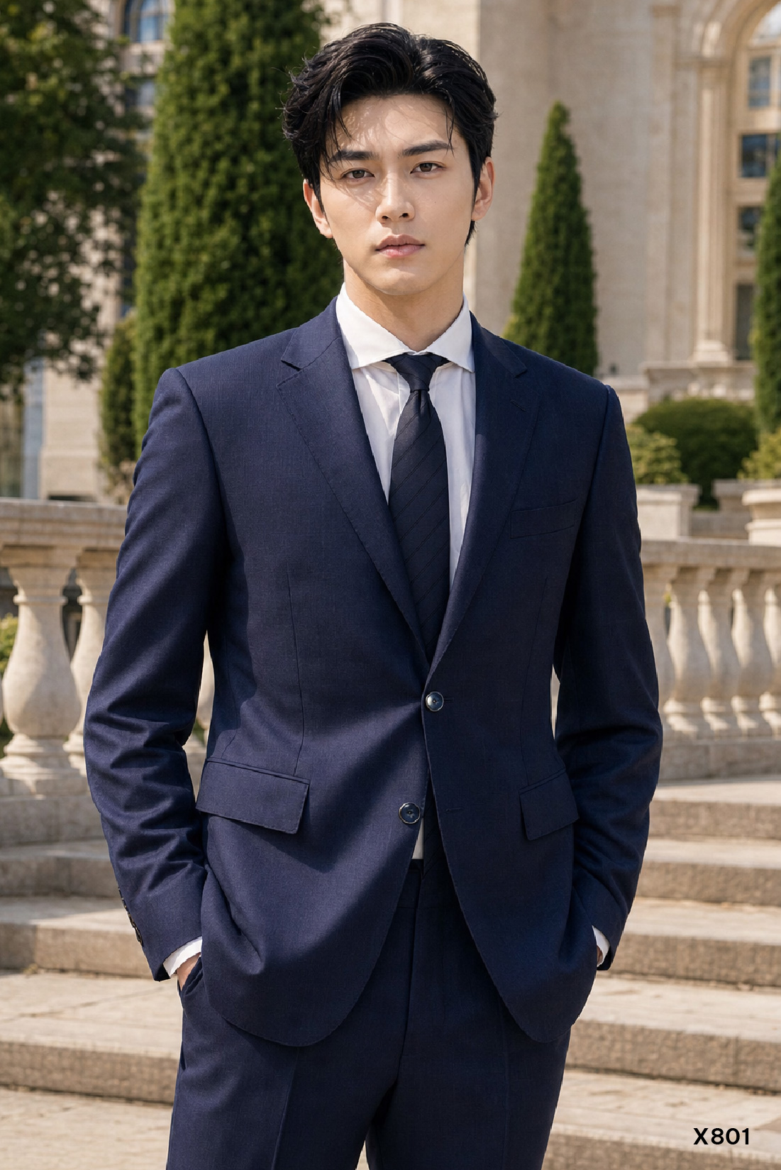 Bộ vest premium 2 khuy Santino màu kẻ navy | X801