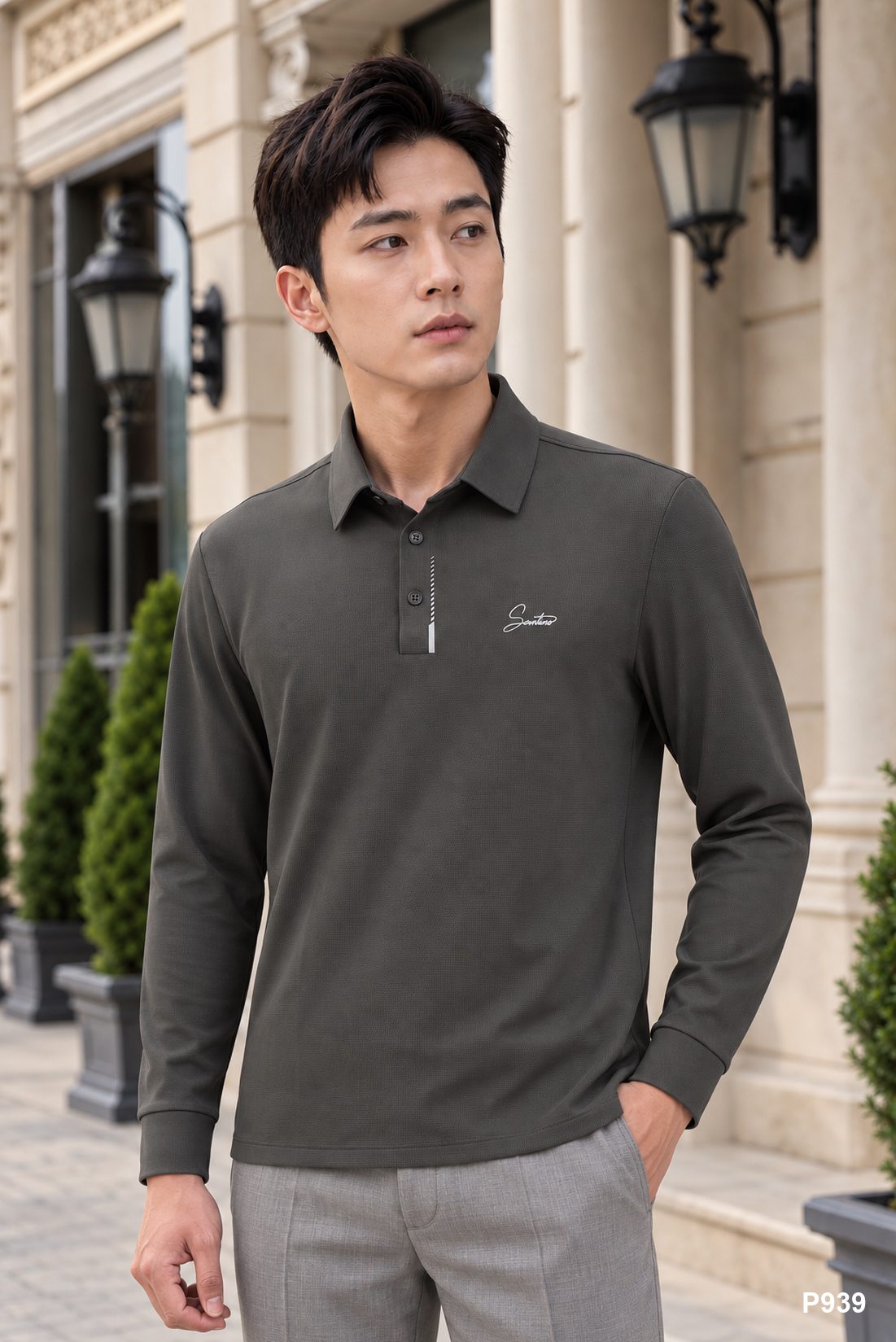 Áo polo dài tay nam cao cấp Santino màu rêu | P939