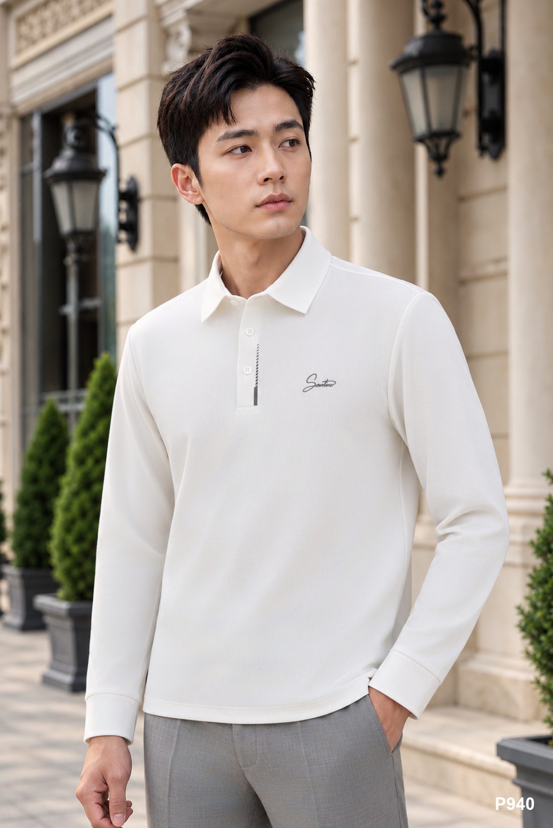 Áo polo dài tay nam cao cấp Santino màu trắng | P940